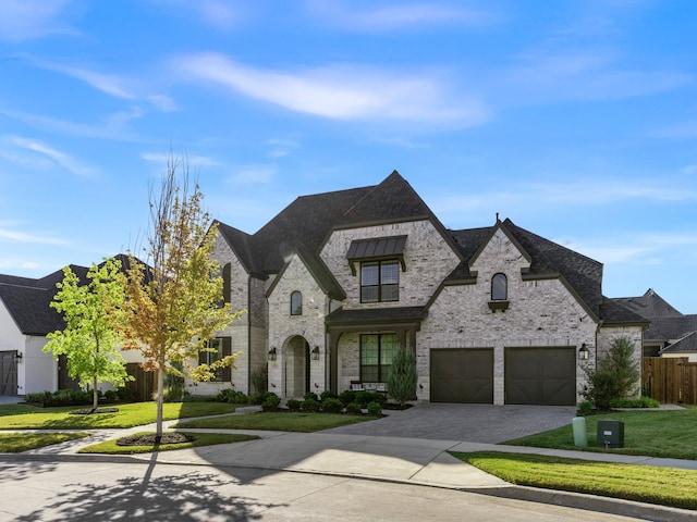 french country inspired facade featuring a garage and a front lawn