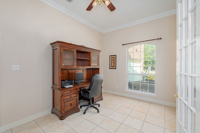 office with ceiling fan, light tile patterned floors, and ornamental molding