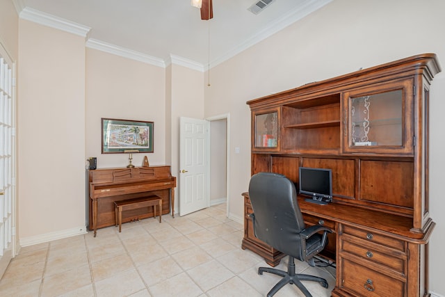 home office featuring ceiling fan, crown molding, light tile patterned floors, and a high ceiling