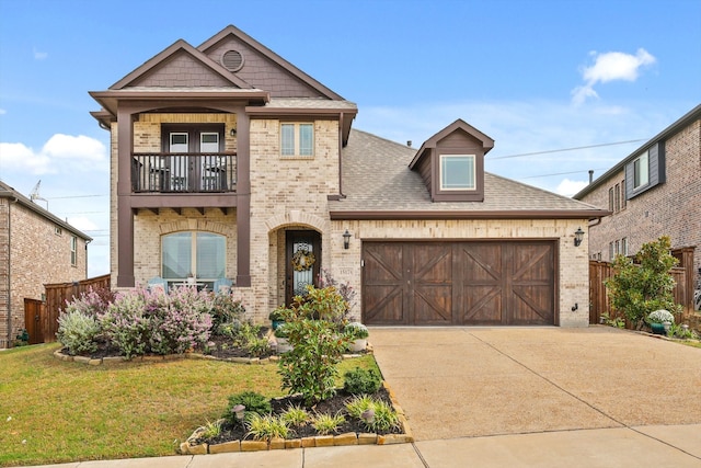 view of front of house with a garage, a balcony, and a front lawn