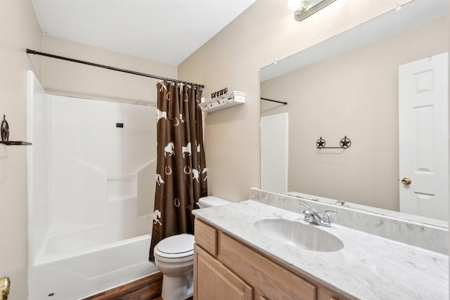 full bathroom with wood-type flooring, vanity, toilet, and shower / bath combo with shower curtain