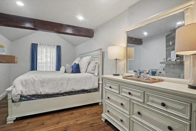 bedroom with vaulted ceiling with beams and dark hardwood / wood-style floors