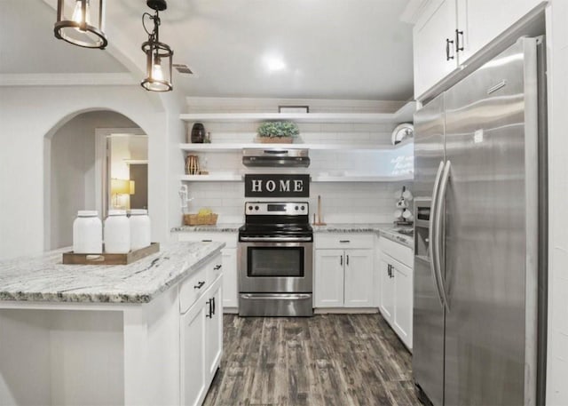 kitchen with white cabinets, pendant lighting, stainless steel appliances, and light stone countertops
