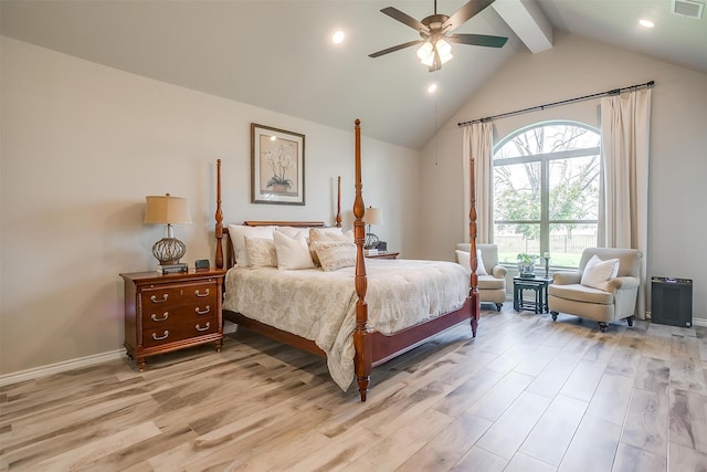 bedroom with light wood-type flooring, lofted ceiling with beams, and ceiling fan