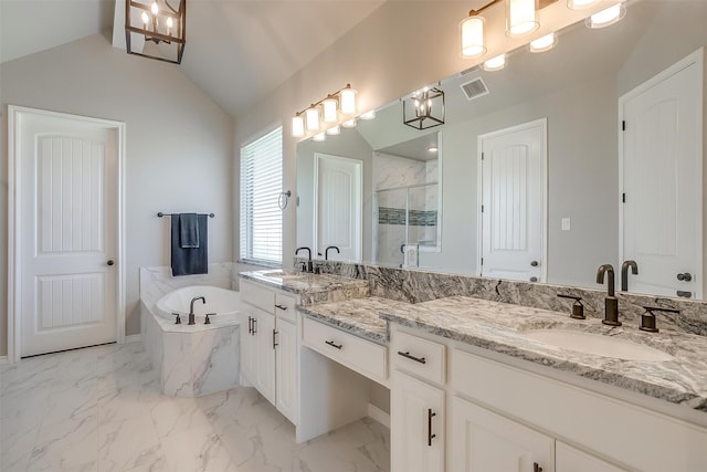 bathroom featuring shower with separate bathtub, lofted ceiling, vanity, and a notable chandelier