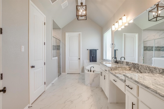 bathroom featuring vaulted ceiling, vanity, plus walk in shower, and a chandelier