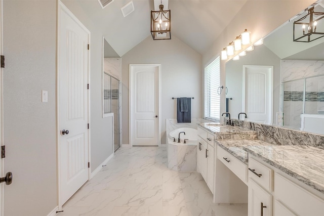 full bath featuring lofted ceiling, a shower stall, a bath, vanity, and marble finish floor