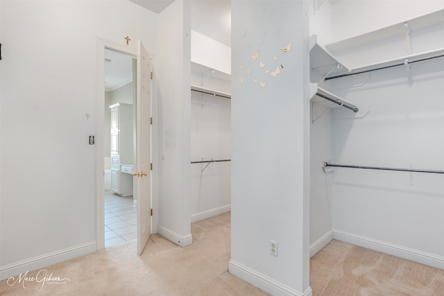 spacious closet featuring light carpet