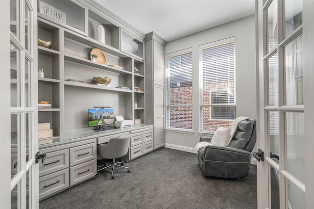 office featuring dark colored carpet and french doors