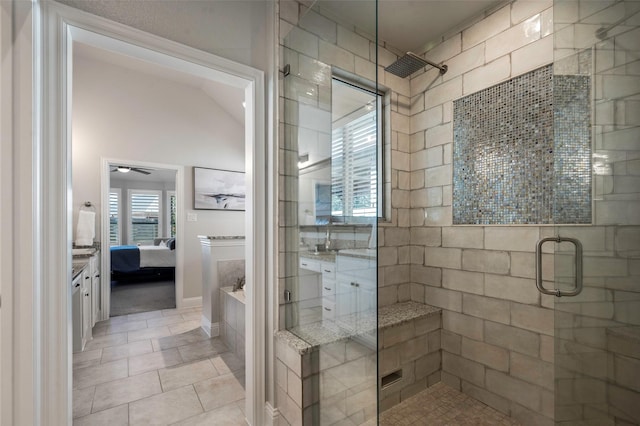 bathroom featuring tile patterned flooring, vaulted ceiling, and plus walk in shower