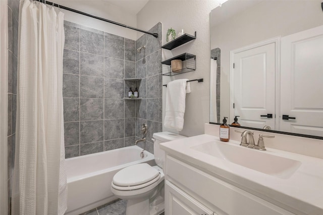 full bathroom featuring tile patterned flooring, vanity, toilet, and shower / tub combo with curtain