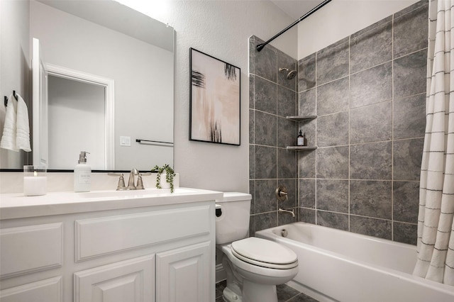 full bathroom featuring shower / bath combination with curtain, vanity, and toilet