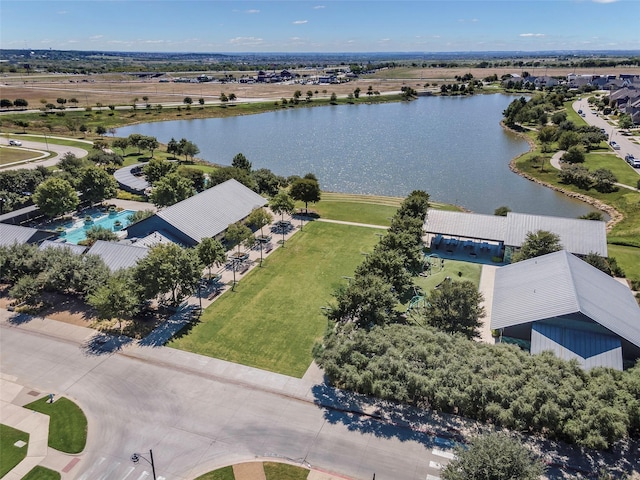 drone / aerial view with a water view