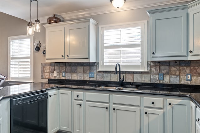 kitchen with sink, black dishwasher, backsplash, and pendant lighting