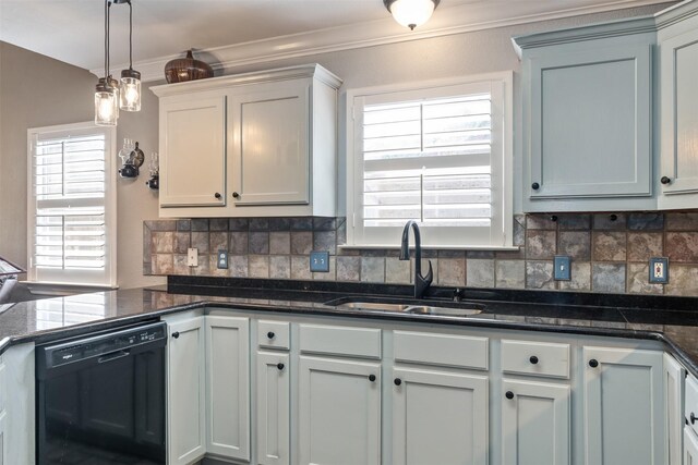 kitchen featuring white cabinets, black dishwasher, decorative light fixtures, and a fireplace