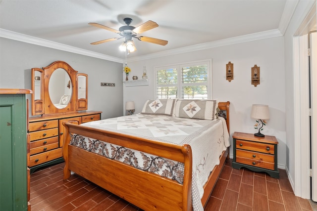 bedroom featuring ceiling fan and crown molding