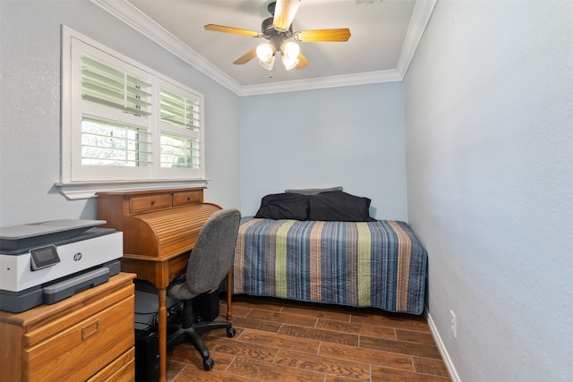 bedroom with ceiling fan and crown molding