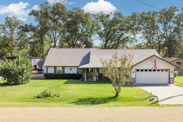 ranch-style house featuring a garage and a front lawn