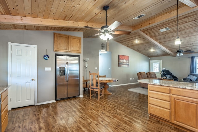 kitchen featuring dark hardwood / wood-style floors, stainless steel fridge with ice dispenser, vaulted ceiling with beams, ceiling fan, and wooden ceiling