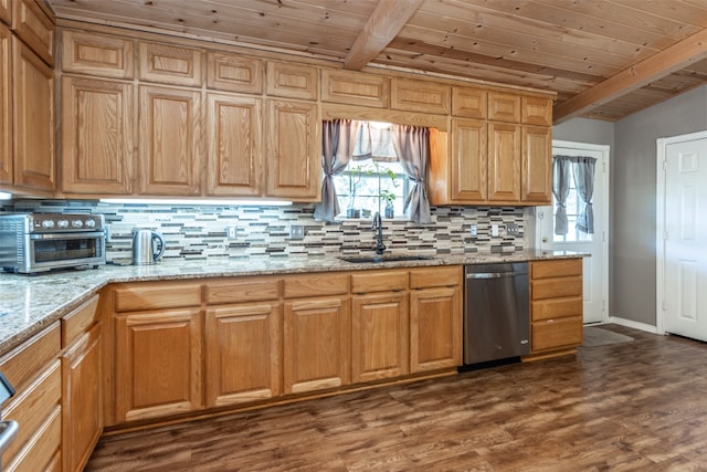 kitchen with dishwasher, wood ceiling, dark wood-type flooring, and sink