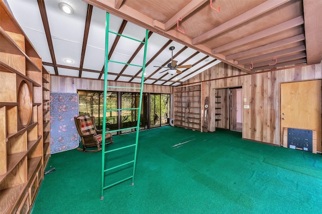 unfurnished sunroom with lofted ceiling with beams and ceiling fan