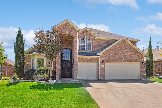 view of front property featuring a garage and a front lawn