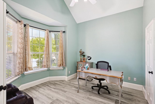 office area with lofted ceiling, light wood-type flooring, and ceiling fan