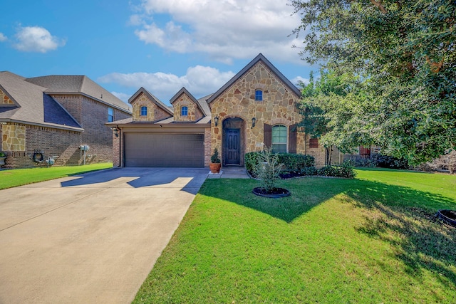 view of front of property with a front lawn and a garage