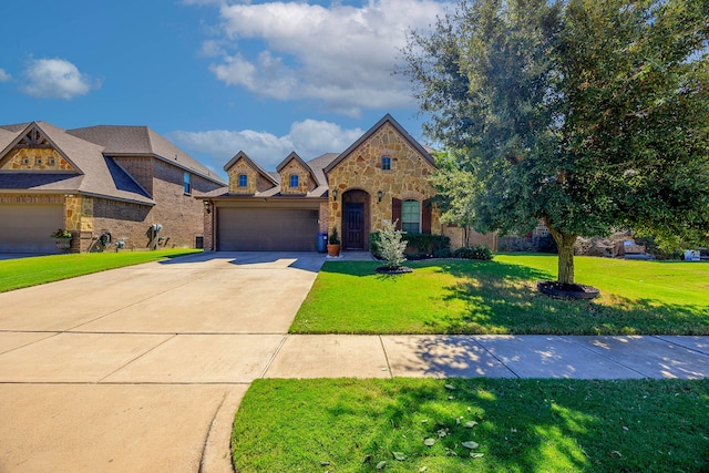 view of front of home with a garage and a front lawn