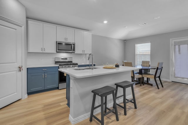 kitchen featuring light hardwood / wood-style floors, appliances with stainless steel finishes, sink, and white cabinetry