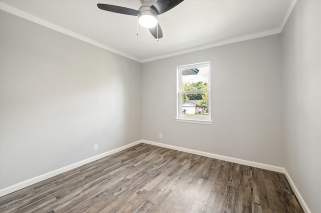 unfurnished room with ceiling fan, ornamental molding, and wood-type flooring