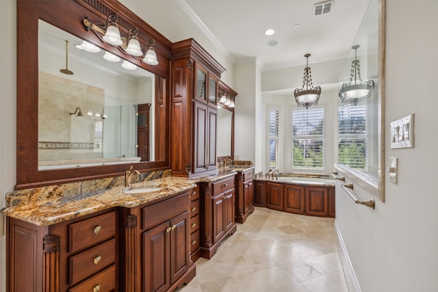 bathroom with crown molding, vanity, an inviting chandelier, and plus walk in shower