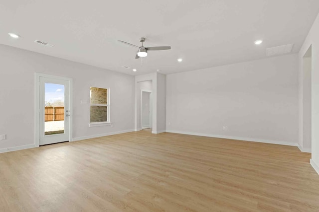 unfurnished living room with light hardwood / wood-style floors and ceiling fan