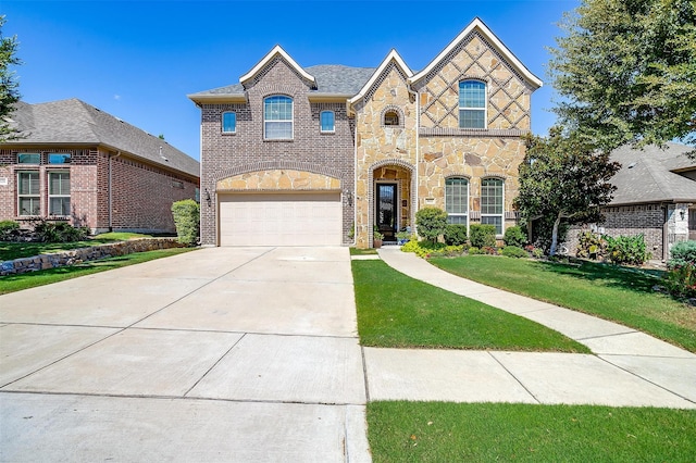 view of front facade with a front yard and a garage