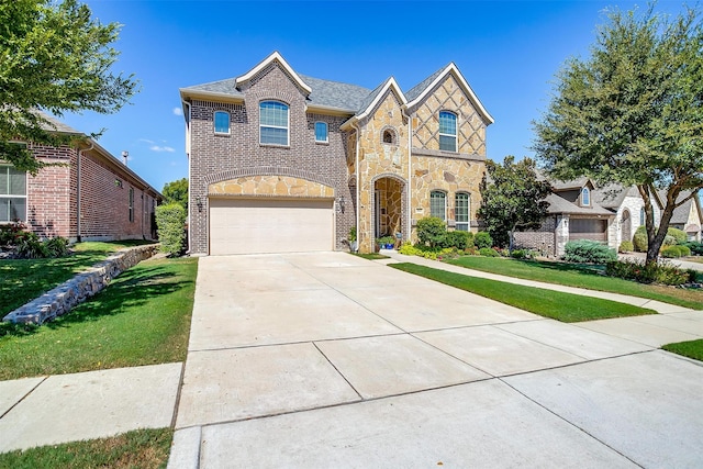 view of front of property with a garage and a front yard