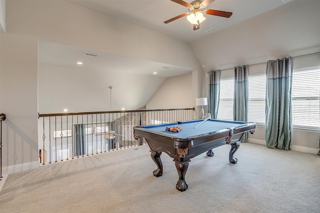 rec room with ceiling fan, plenty of natural light, pool table, light carpet, and vaulted ceiling