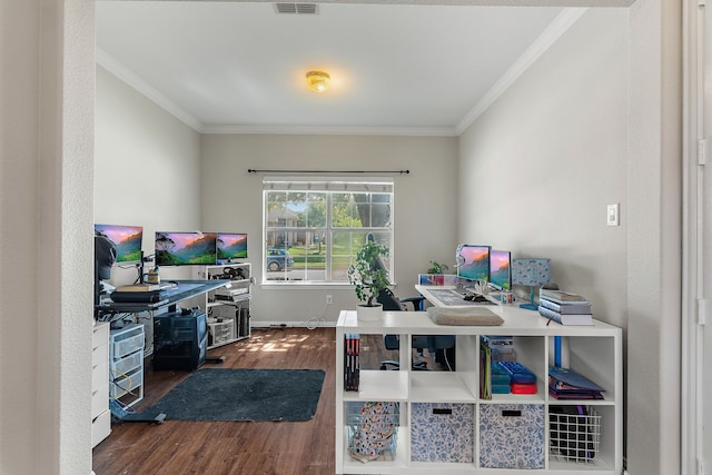 interior space featuring ornamental molding and dark hardwood / wood-style flooring