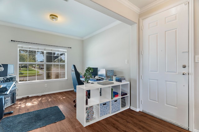 office with dark hardwood / wood-style floors and crown molding