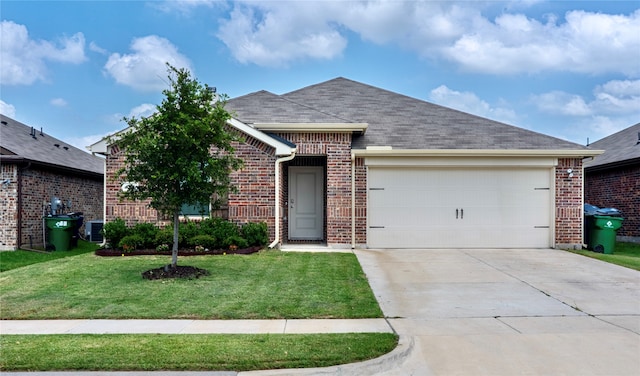 ranch-style house with cooling unit, a garage, and a front yard