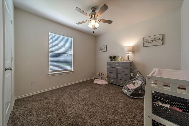 carpeted bedroom featuring ceiling fan