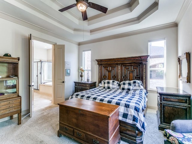 bedroom with multiple windows, ceiling fan, light colored carpet, and ornamental molding