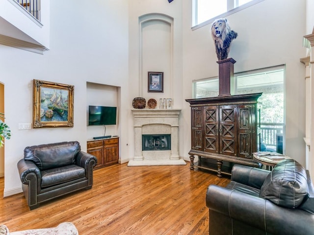 living room featuring a high end fireplace, a high ceiling, and hardwood / wood-style flooring