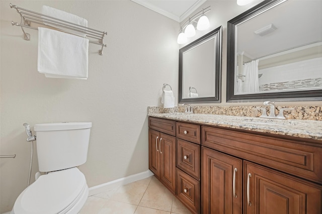 bathroom featuring vanity, tile patterned flooring, walk in shower, crown molding, and toilet