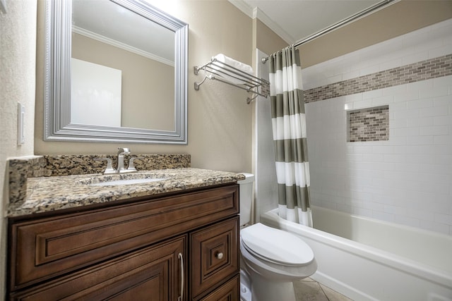 full bathroom featuring vanity, crown molding, shower / bath combo, tile patterned flooring, and toilet