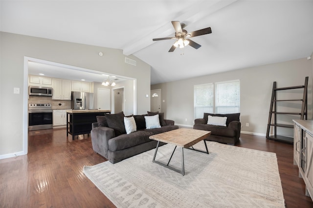 living room with ceiling fan with notable chandelier, lofted ceiling with beams, and dark hardwood / wood-style flooring