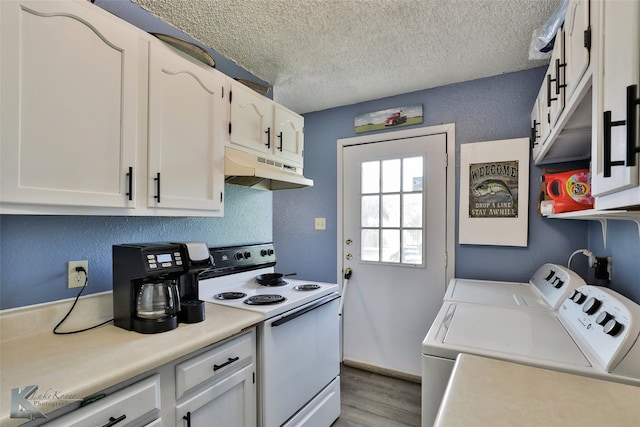 kitchen with white cabinets, a textured ceiling, light hardwood / wood-style flooring, washer and clothes dryer, and white electric stove