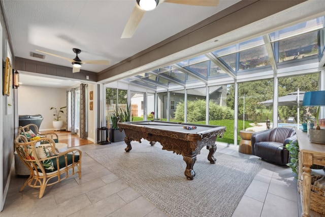 rec room featuring ceiling fan, light tile patterned floors, and billiards