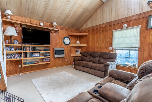 living room with wood ceiling, heating unit, wood walls, and high vaulted ceiling