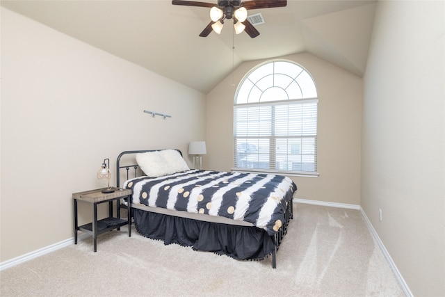 carpeted bedroom featuring ceiling fan and lofted ceiling