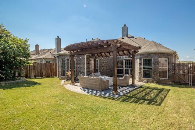 back of property with a pergola, outdoor lounge area, a lawn, and a patio